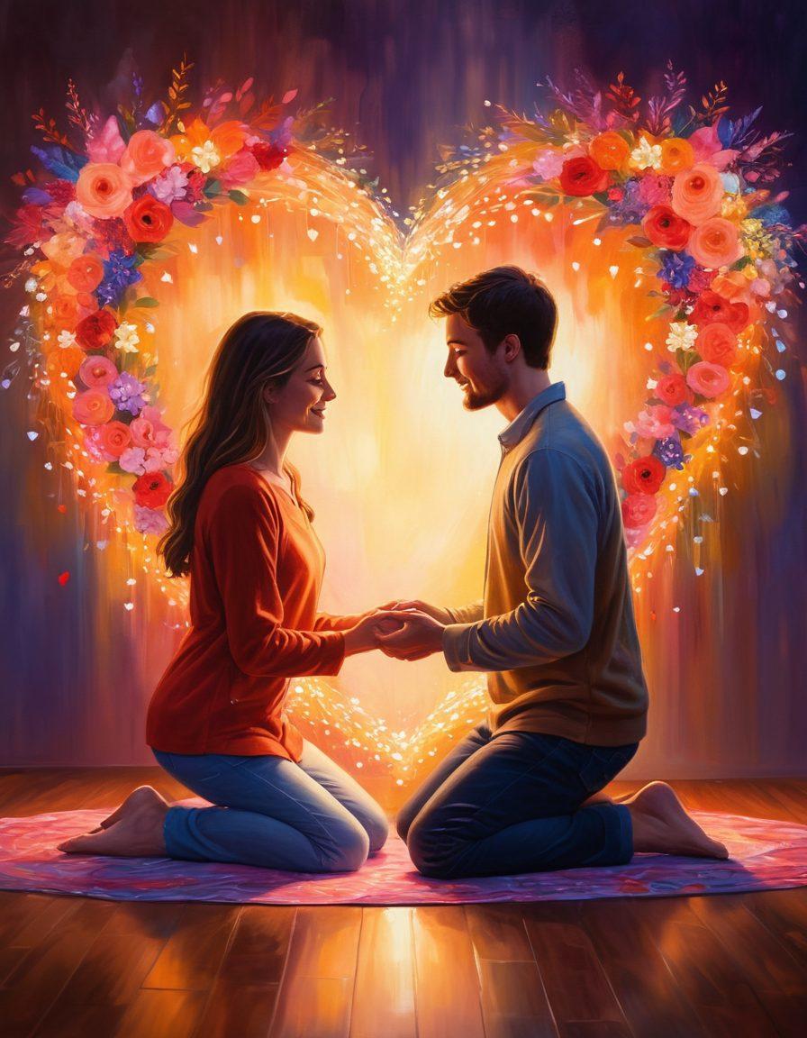 A warm and inviting scene of two people sharing a heartfelt moment, surrounded by soft, glowing lights symbolizing connection and passion. In the background, a colorful blend of hearts and flowers intertwine, representing devotion and meaningful relationships. The overall mood is uplifting and intimate, evoking feelings of love and togetherness. soft-focus. vibrant colors. painting.