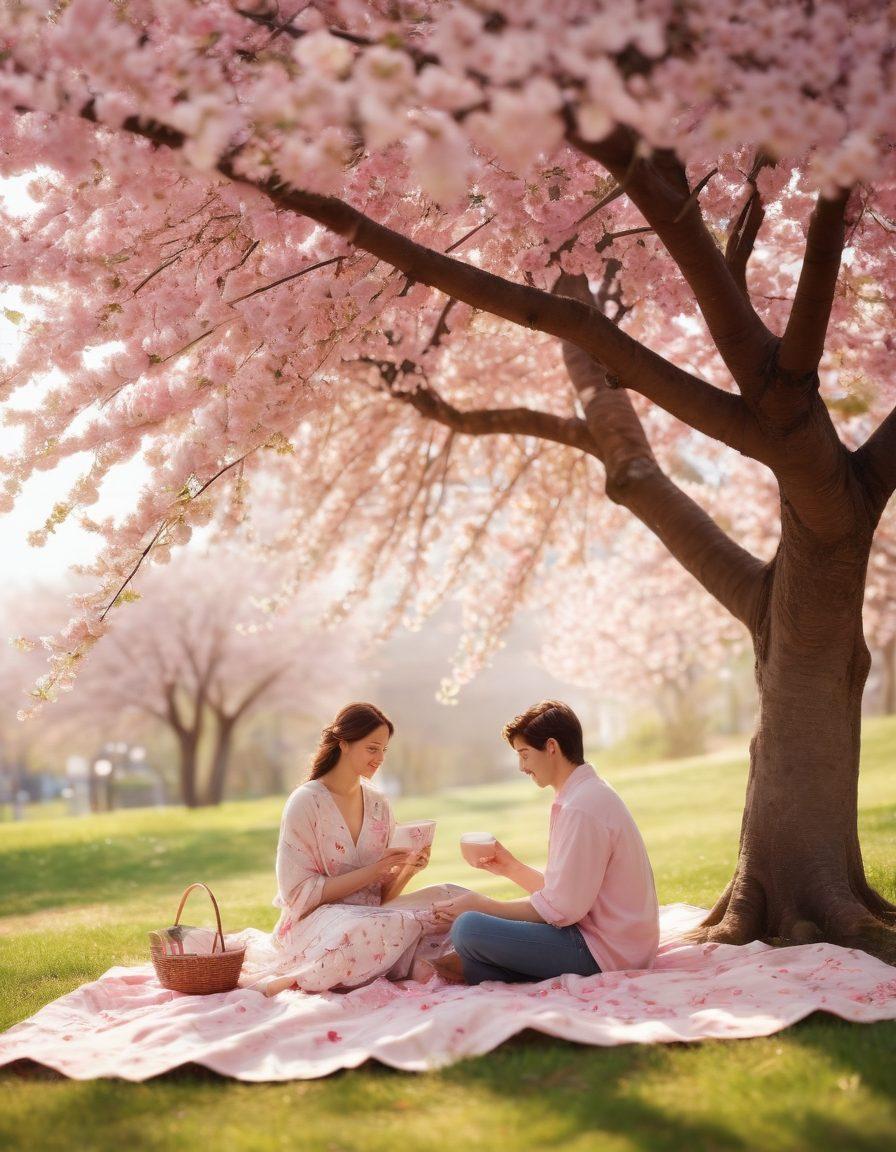 A serene scene depicting a couple sitting together under a blooming cherry blossom tree, sharing a heartfelt moment, surrounded by soft colors and gentle sunlight filtering through the leaves. Include small details like a picnic blanket with love letters scattered around and a warm cup of tea nearby, symbolizing intimacy and connection. super-realistic. vibrant colors. soft focus.
