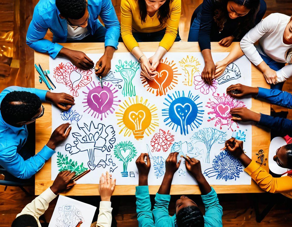 A warm, inviting scene depicting a diverse group of people engaged in a creative brainstorming session, surrounded by art supplies and colorful sketches. Elements representing passion, like vibrant flames or glowing hearts, blend with symbols of connection, such as intertwined hands or connected puzzle pieces. Soft, warm lighting enhances the atmosphere, suggesting collaboration and creativity. super-realistic. vibrant colors. soft focus.